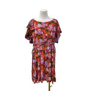 SFERA Collection Floral Mini Dress Ruffle Short Sleeve Femme Belted Party Size M